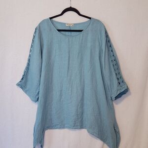 Terzo Millennio Womens 2X Blue Linen Tunic Top Handkerchief Hem Crochet Detail